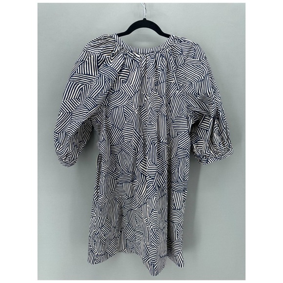 STAUD‎ Vincent Mini Dress Navy Tan Mosaic Puff Sleeve Button Front Womens XL NWT - Picture 7 of 12